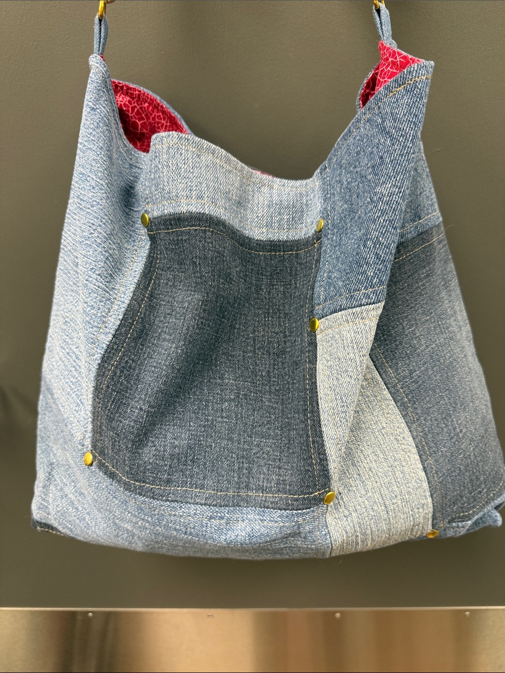 NWOT Denim Patchwork Hobo Bag with Striped Strap - Blue and Red - Picture 2 of 7
